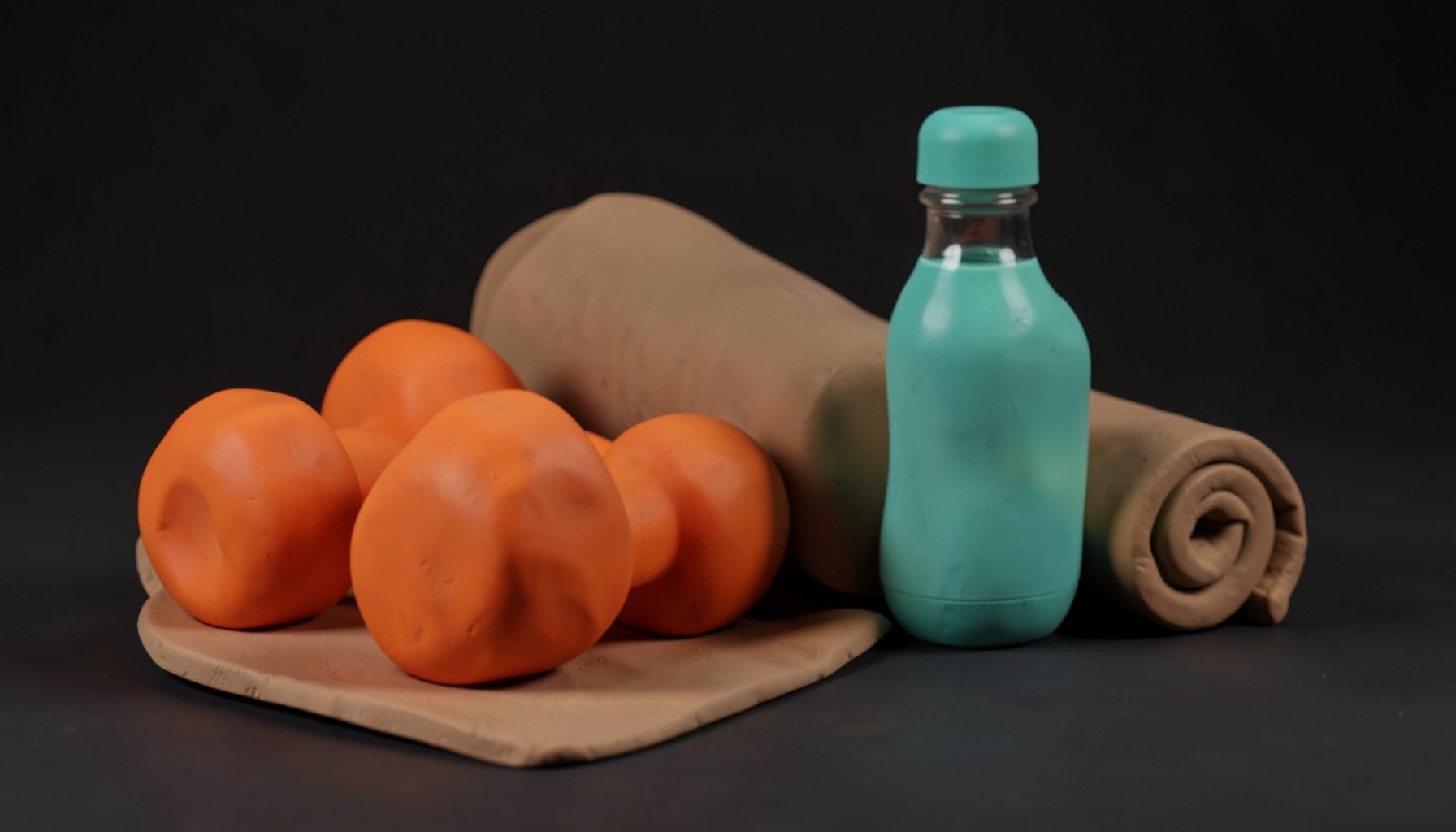 Soft clay-model scene of rounded dumbbells, a rolled yoga mat, and a water bottle in warm orange and teal tones against a dark background