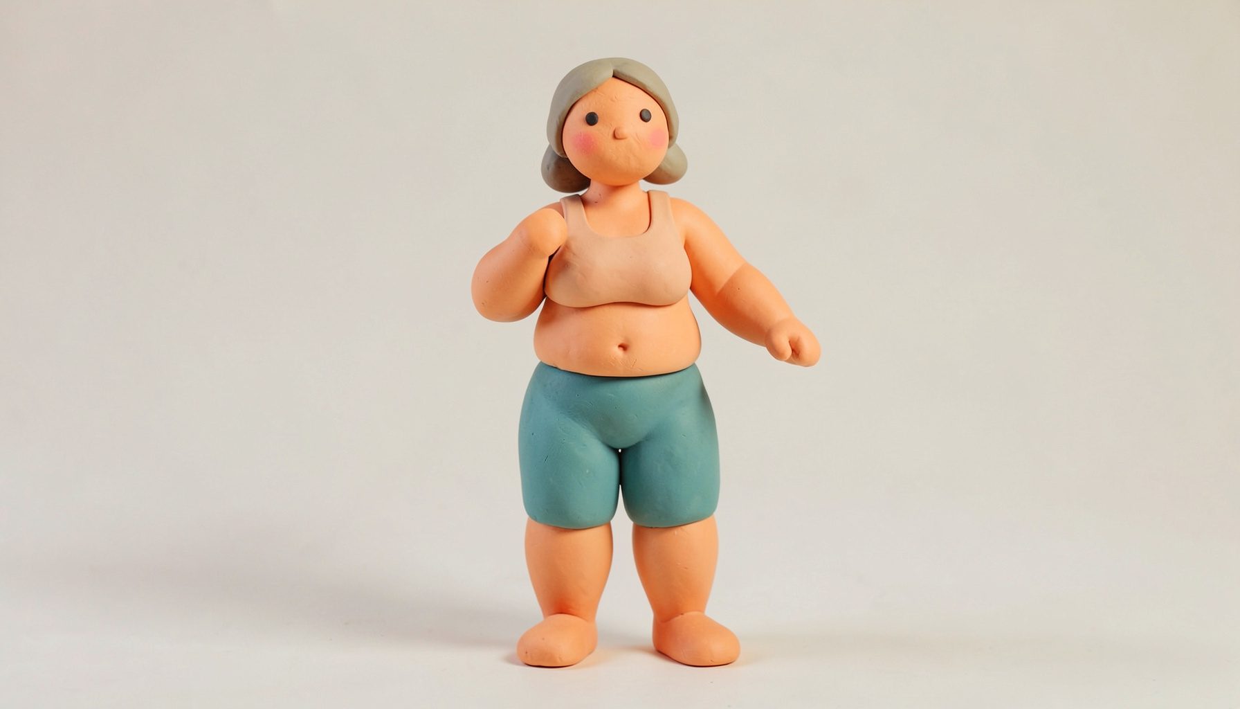 Soft clay-model of a woman performing a standing workout pose with rounded limbs, warm peach and teal palette