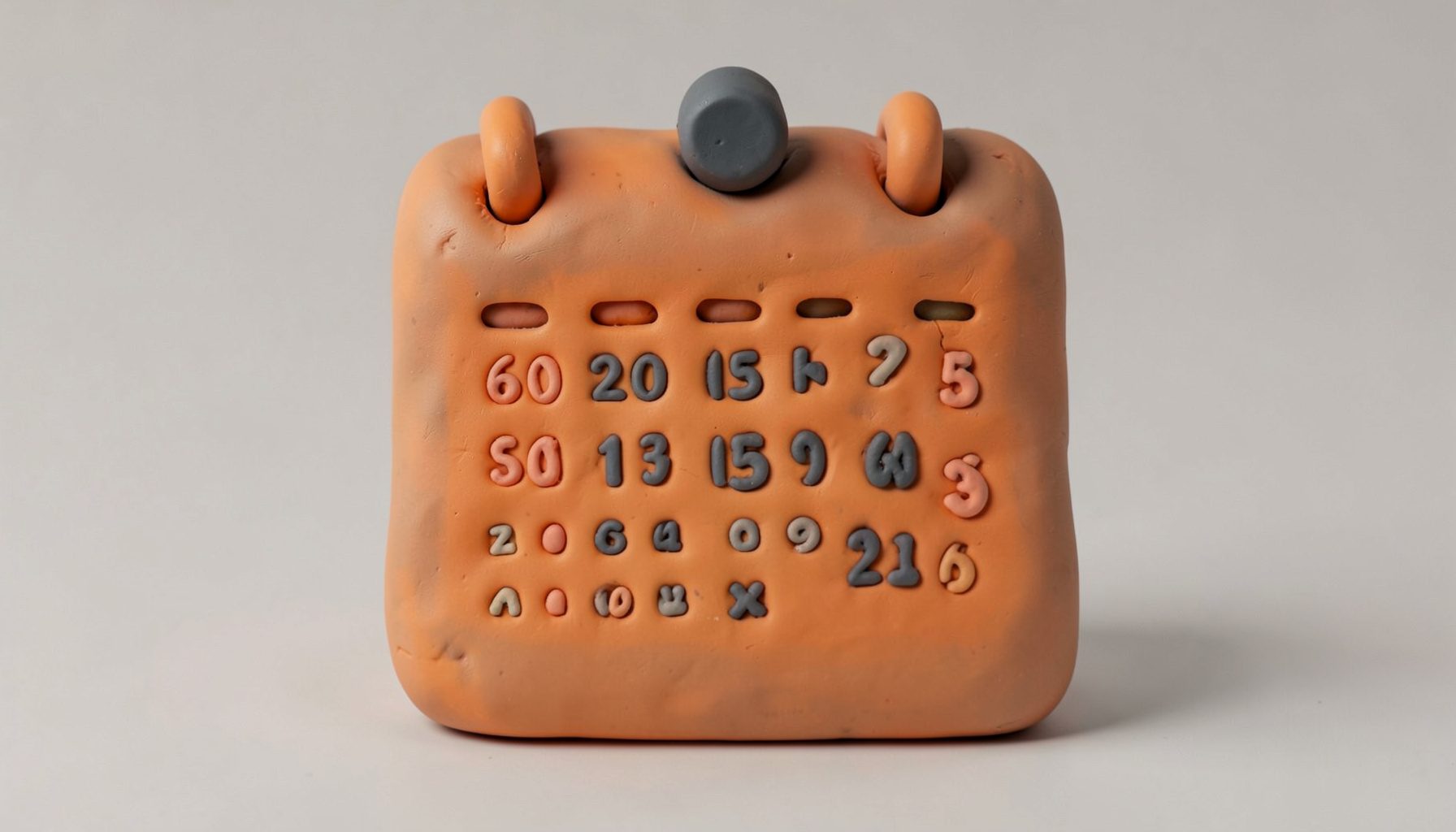 Soft clay-model of a calendar marked with 60 days and a small dumbbell, rendered in muted orange and charcoal