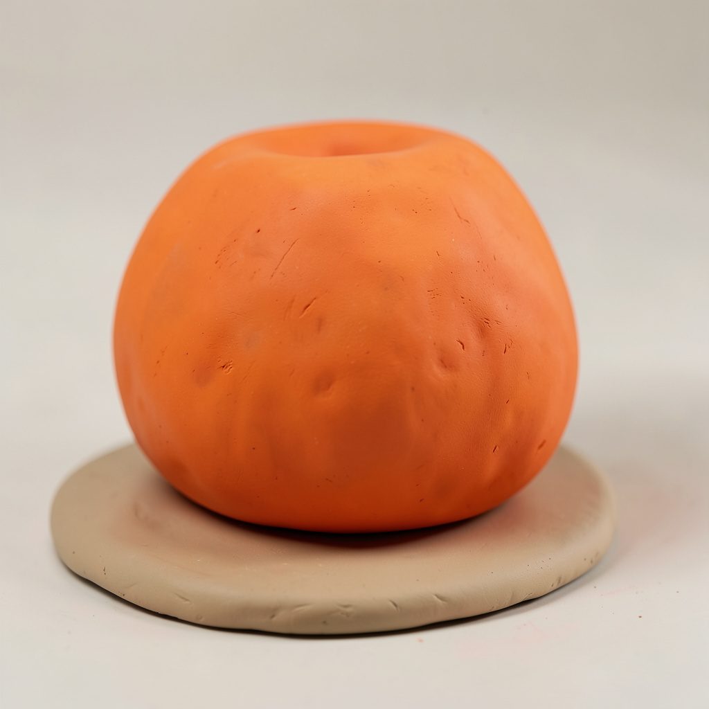 Soft clay-model portrait of a rounded figure with yellow-green tones against charcoal.