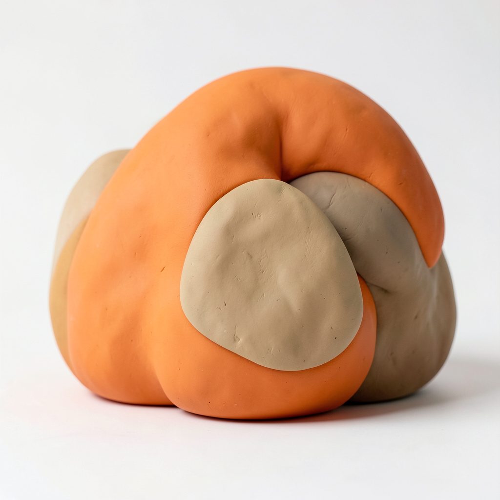 Soft clay-model render of rounded gaming peripherals in yellow and burnt orange against a deep black background, with chunky handmade buttons and a wheel form.