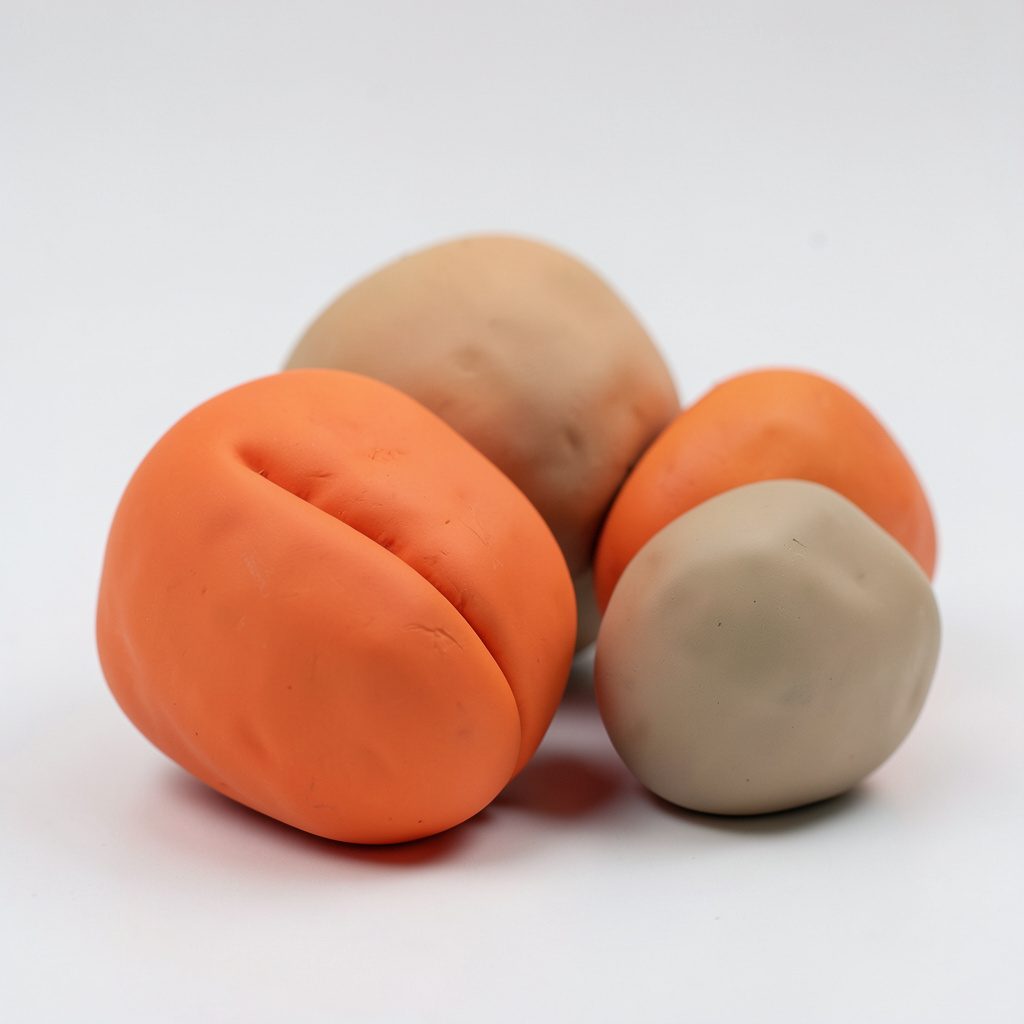 Soft clay-model render of rounded handmade forms in warm burnt orange and dark slate, evoking an abstract studio scene.