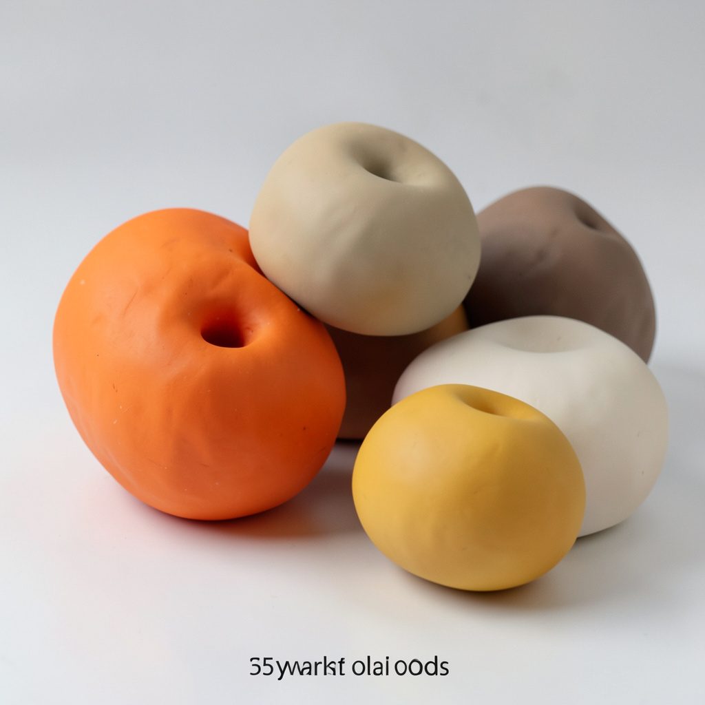 Soft clay-model render of rounded handmade forms in warm orange and teal, evoking a creative studio workbench with a moody dark backdrop.