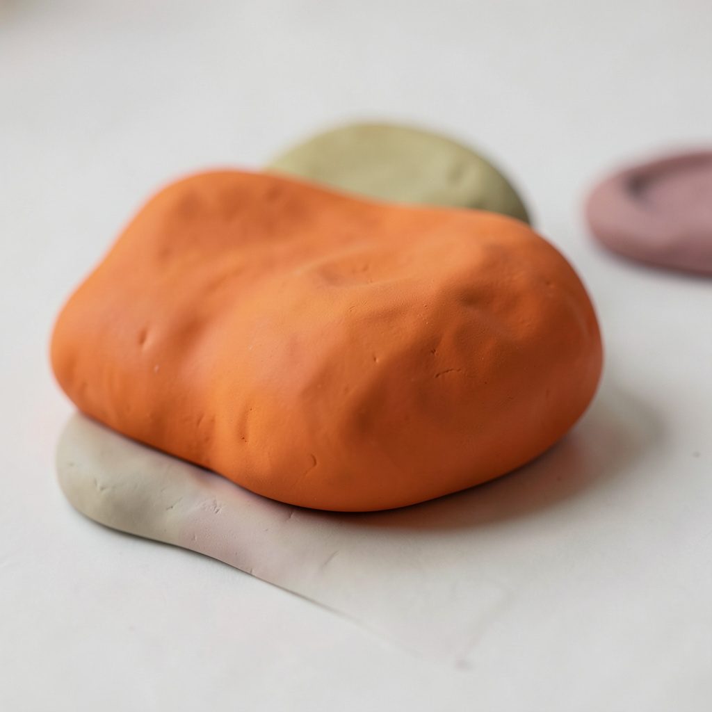 Soft clay-model portrait of a rounded figure in muted teal and burnt orange on a black background.